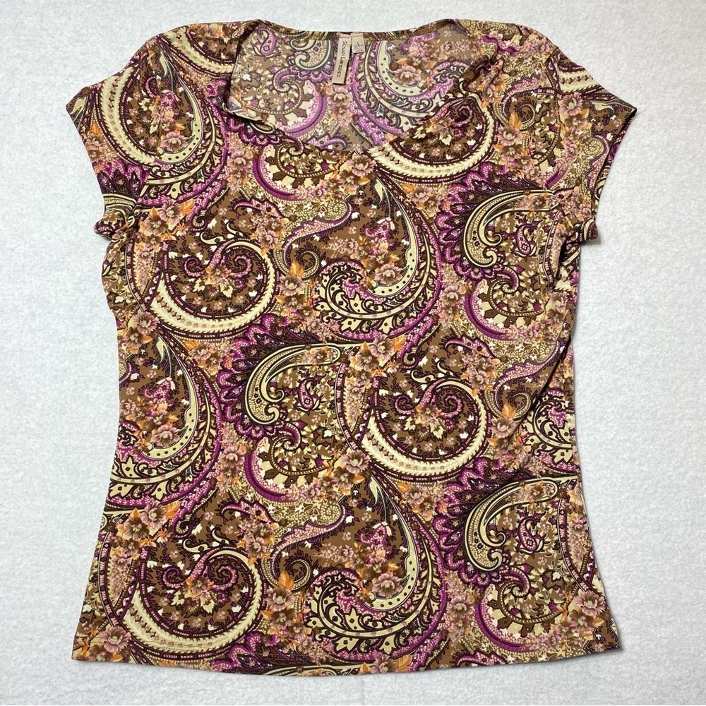 Susan Lawrence Paisley Blouse Women’s L Brown Purple Scoop Neck Cap Sleeve Top